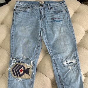 Free People Distressed Light Blue Boyfriend Jeans with Patches